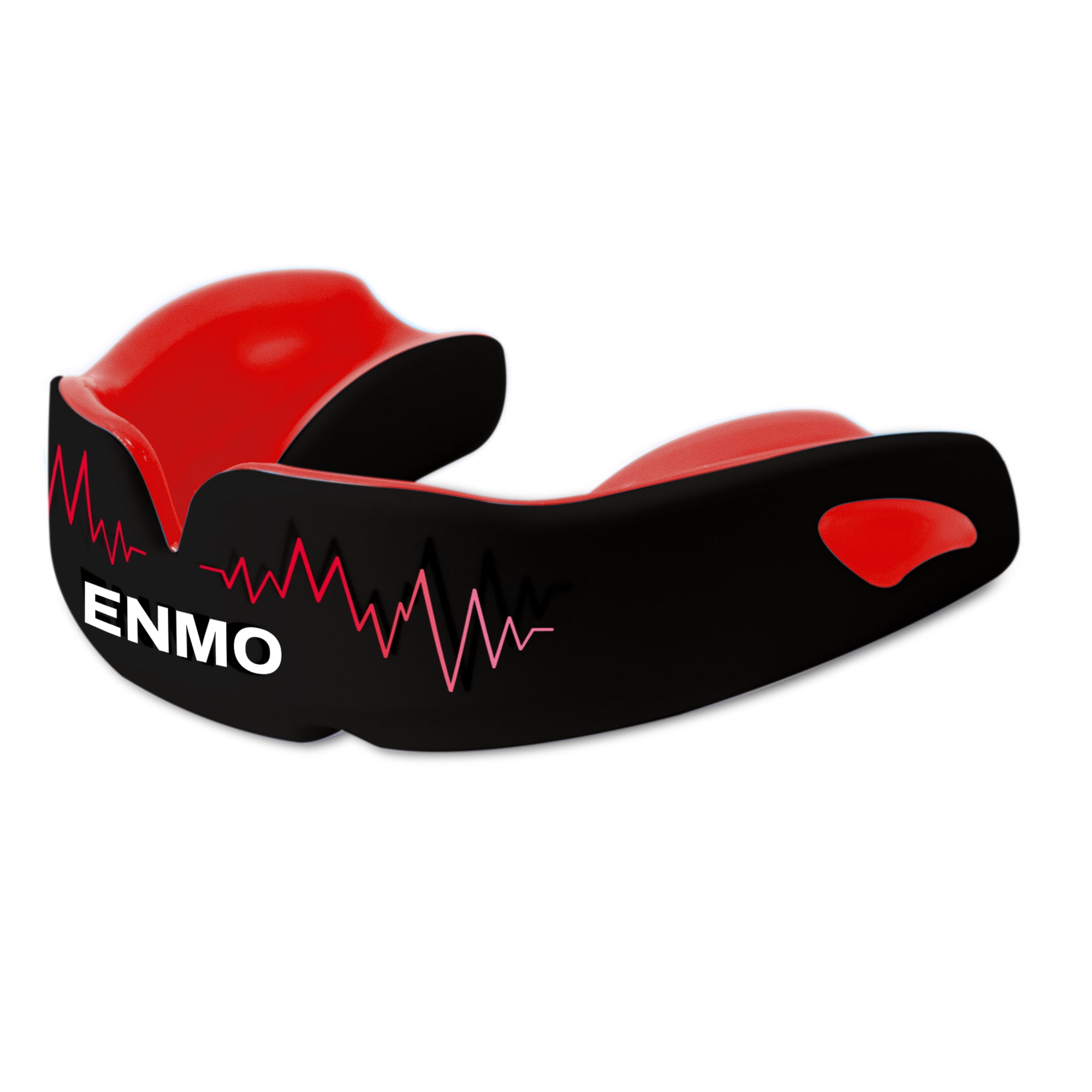 An Enmo Maxilla Pro Mouthguard in black with red accents. The mouthguard features geometrically designed walls and a breathing channel technology line.
