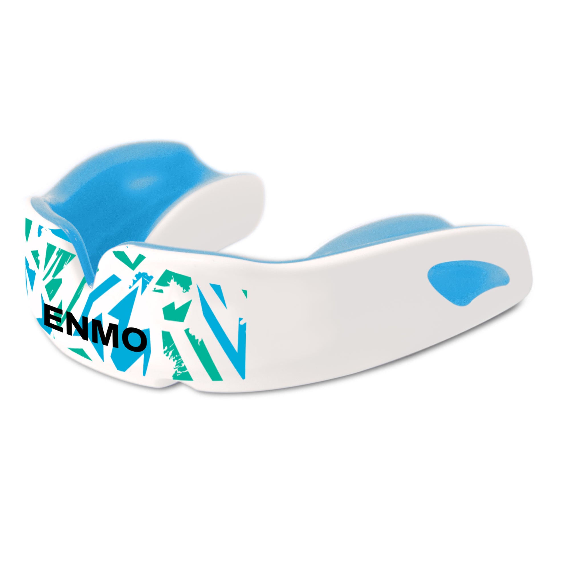 An Enmo Maxilla Pro Mouthguard in a fusion white and blue color, designed for adult use, showcasing its custom fit design with geometrically shaped walls and breathing channels.
