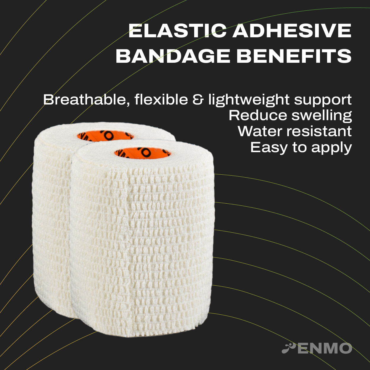 Elastic adhesive bandage with benefits listed on a black background