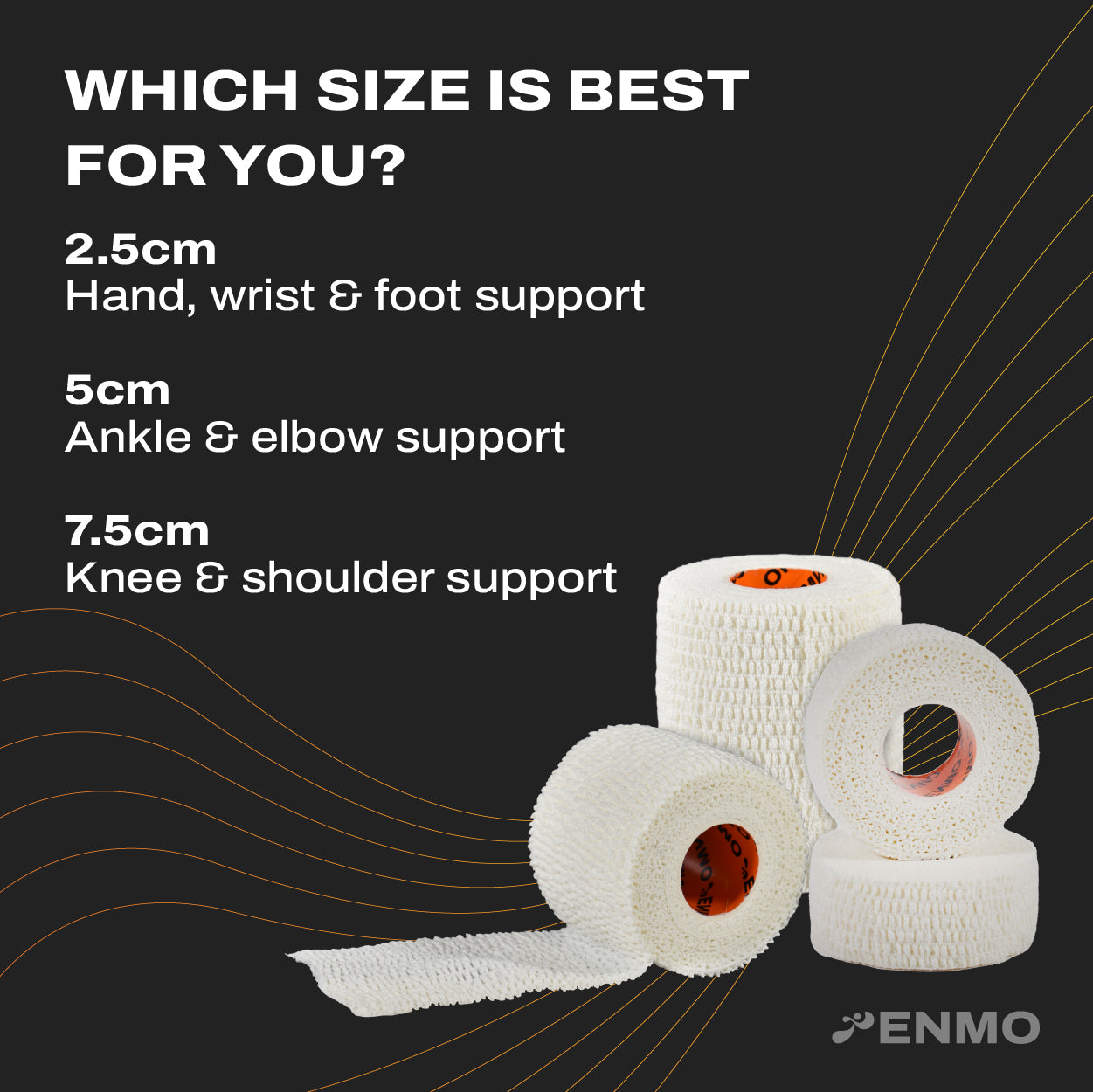 Kinesiology tape rolls with size options on a black background