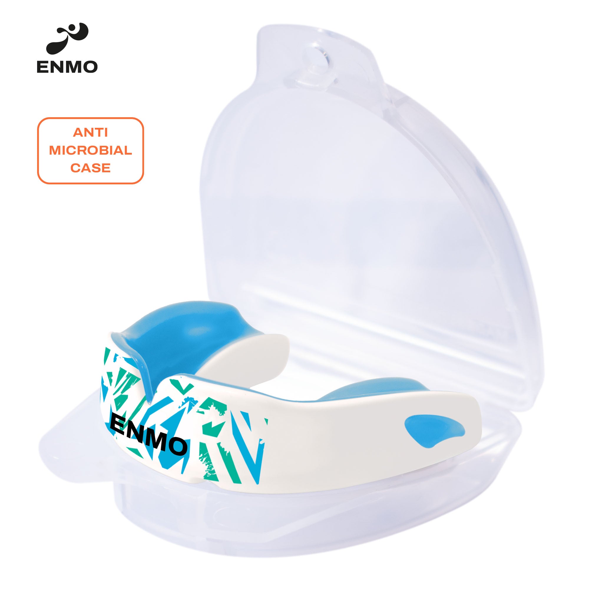 An Enmo Maxilla Pro Mouthguard in a fusion white and blue colour, inside a anti microbial case