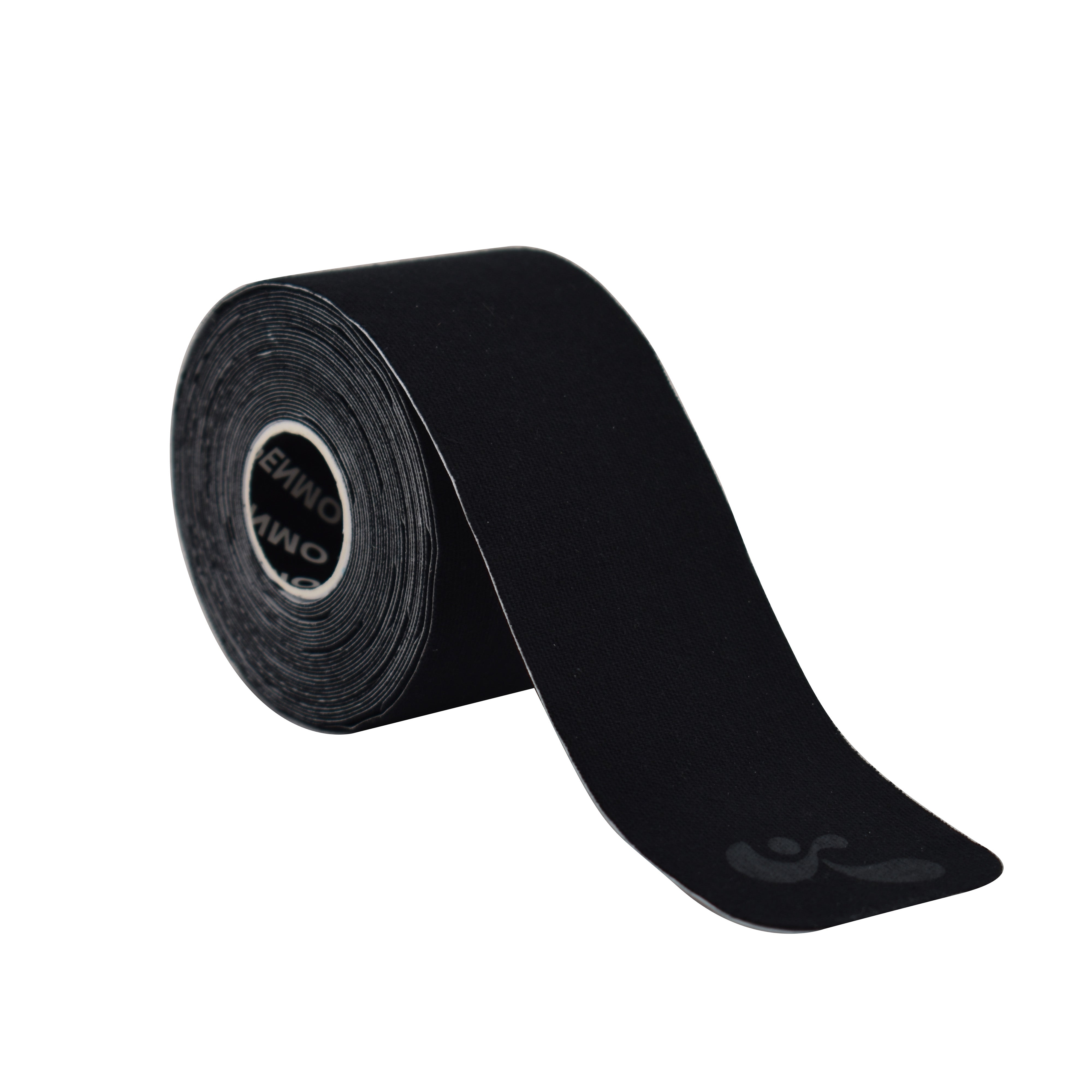 Roll of black kinesiology tape with a brand logo on a white background