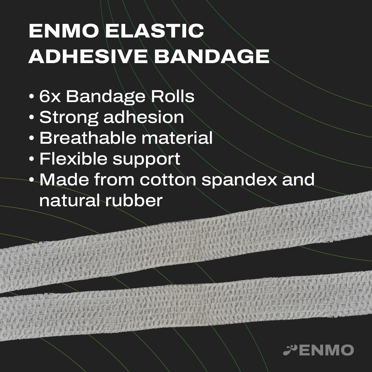 ENMO Elastic Adhesive Bandage with product features on a black background
