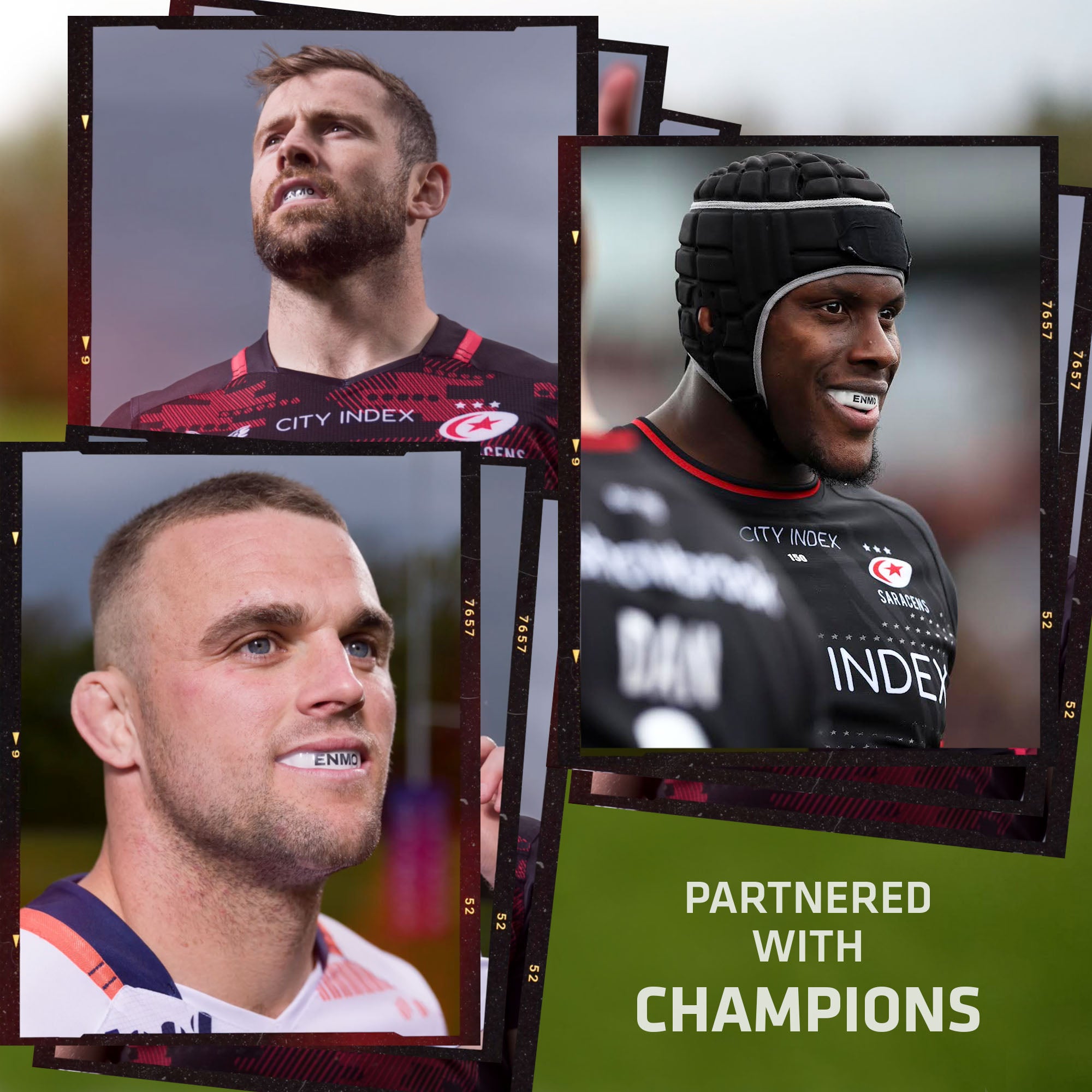 Saracens players wearing enmo mouthguards. Partnered with Champions text.