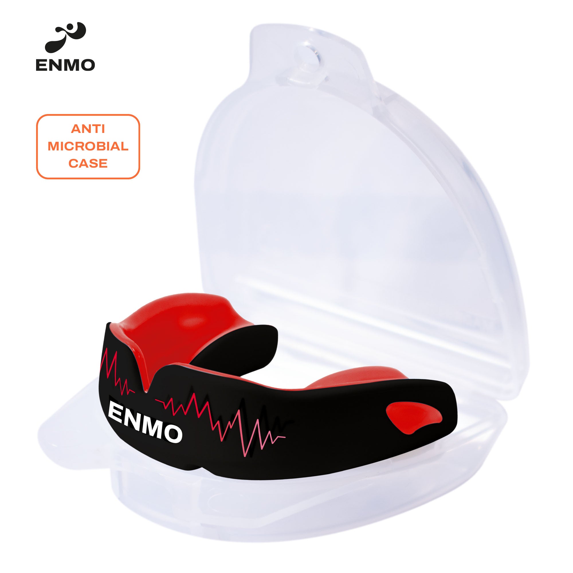 Enmo Maxilla Pro Mouthguard shown from the front, showcasing the protective coverage area and red accent details