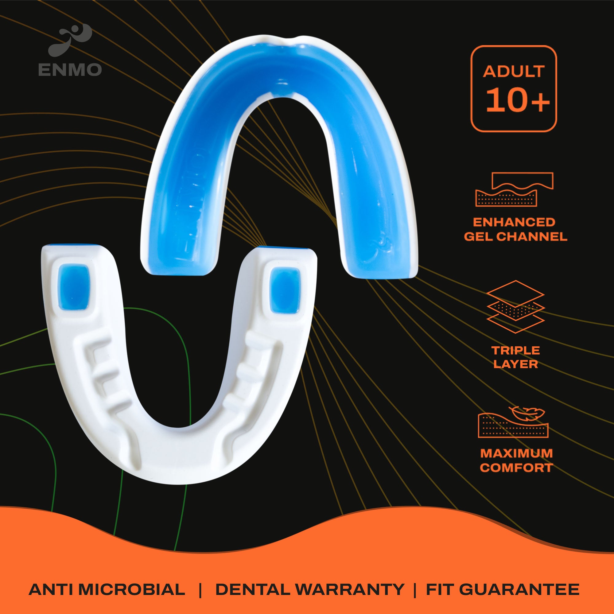 An Enmo Maxilla Pro Mouthguard in a fusion white and blue color, designed for adult use, showcasing its custom fit design with geometrically shaped walls and breathing channels.