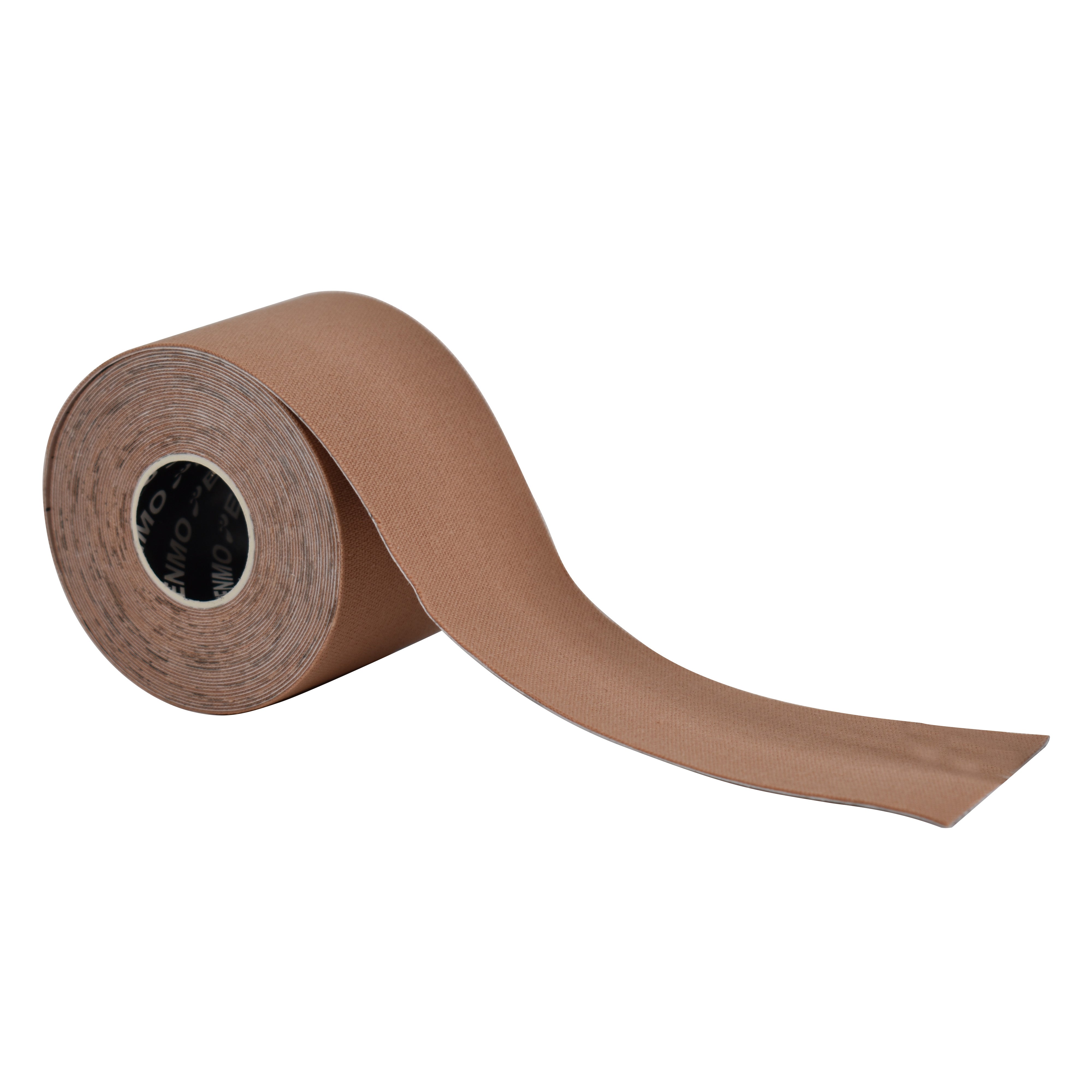 Roll of nude kinesiology tape on a white background