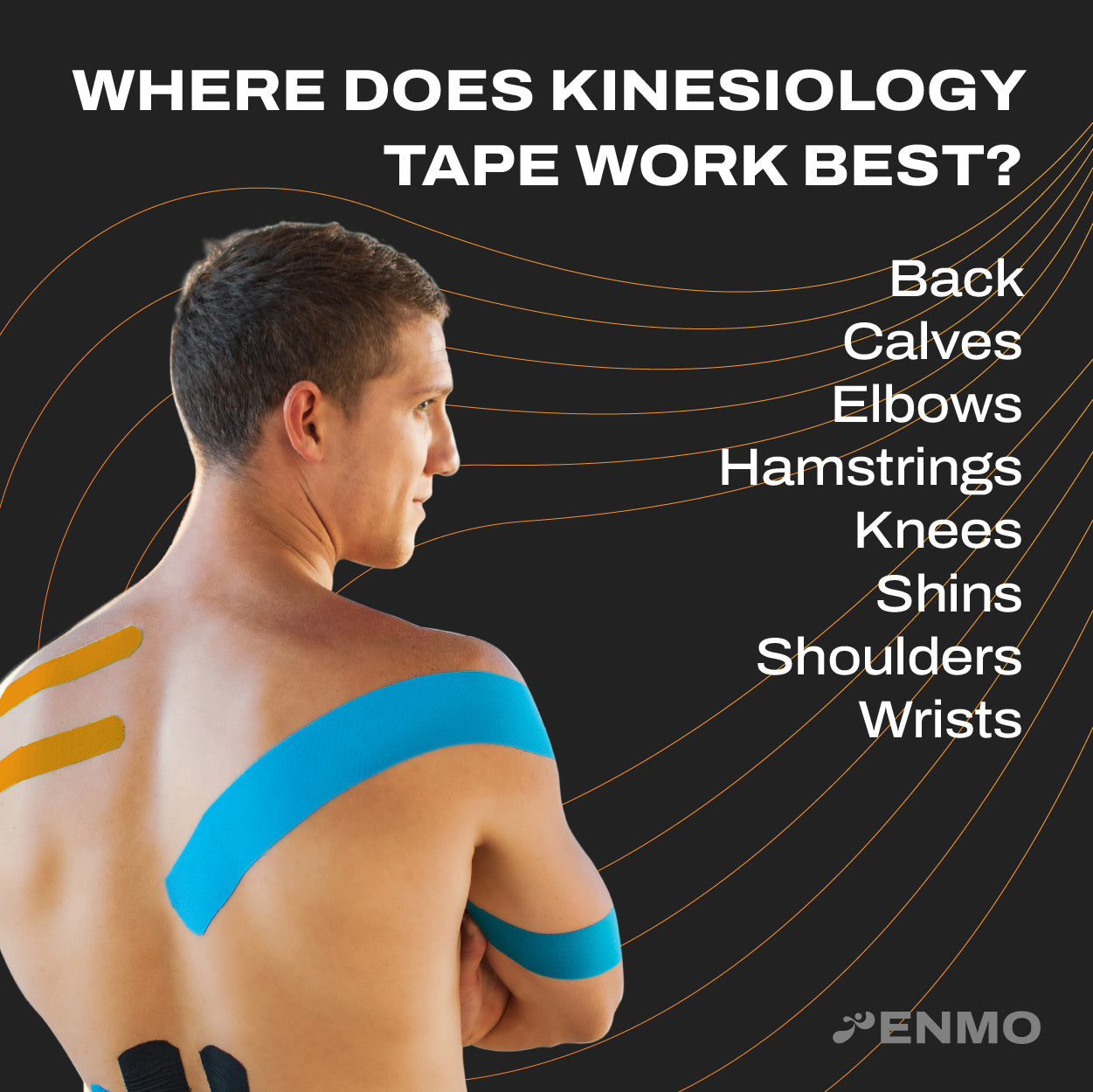 Man with kinesiology tape on his back and arms, with text indicating common application areas.