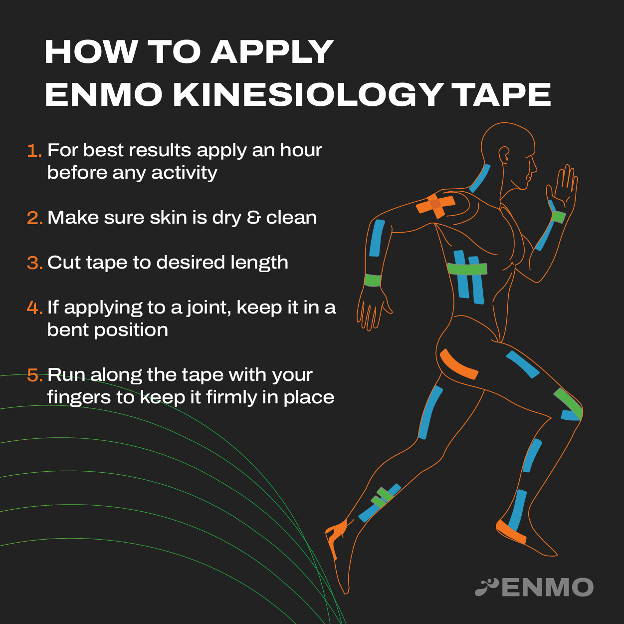 Instructions on how to apply ENMO Kinesiology Tape with a running person illustration on a dark background.